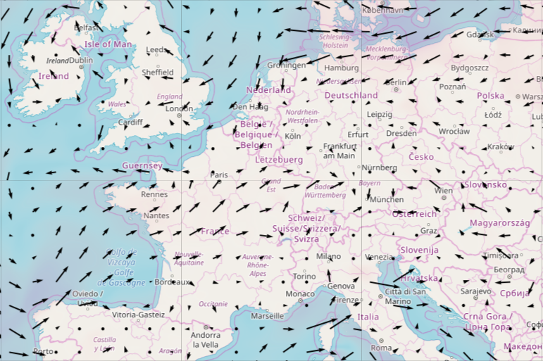 Joint display of speed wind (color) and wind direction (arrows) weather layer
